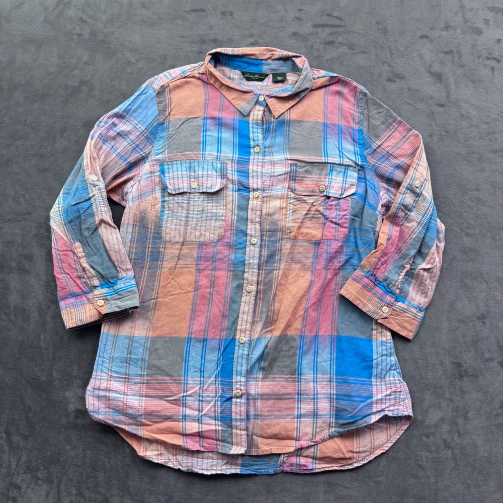 Eddie Bauer Womens XL Tall Plaid Cotton Button Down Shirt Blue Orange Pink